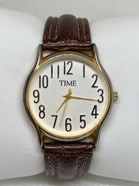 Vintage time women watch gold tone 33mm quartz analog brown leather running